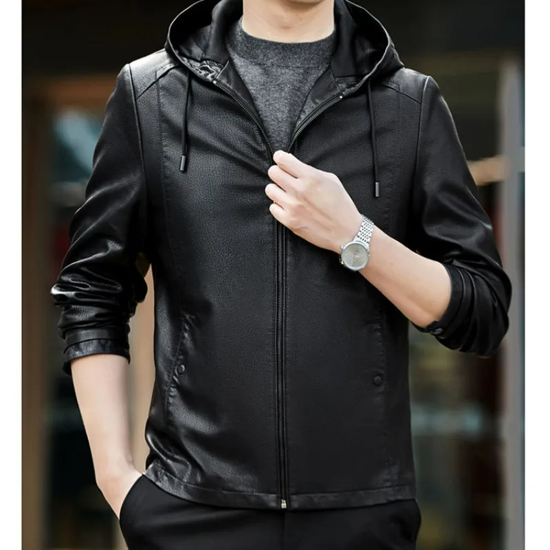 

Artificial Leather Coat Men Spring and Autumn High-End Pure Leather Solid Color Jacket Casual Thin Hooded New Coat