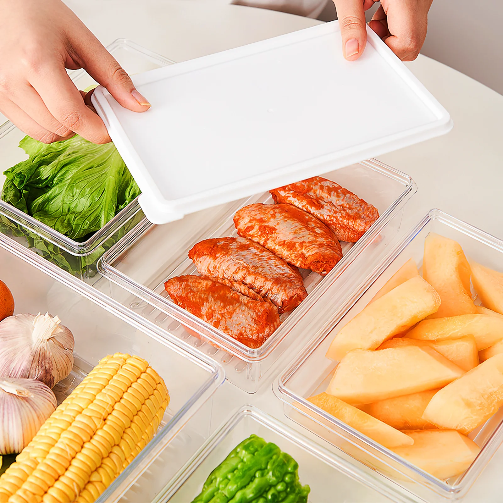 

1pc Clear Meat Storage Container For Bacon Seafood Vegetables, Food Preservation Box, Stackable Fridge Organizer,