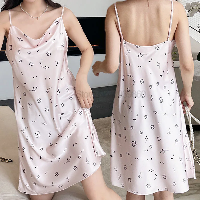 Swing Collar Chemise Nightgown Printed Women Sleepdress Satin Strap Nightdress Summer Cute Sleepwear Lovely Loungewear Sling