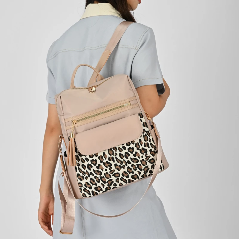 Leopard Print Splicing Nylon Backpack Women Tassel Decor Multi-way Rucksack Adjustable Strap Casual Travel Shoulder Daypack