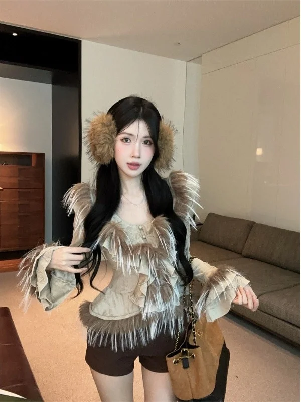 

Sexy Chic Women's Shirt with Flared Sleeves Vintage Faded Feathers Hollow out Slim Fit Top for Autumn Winter Trendy Style