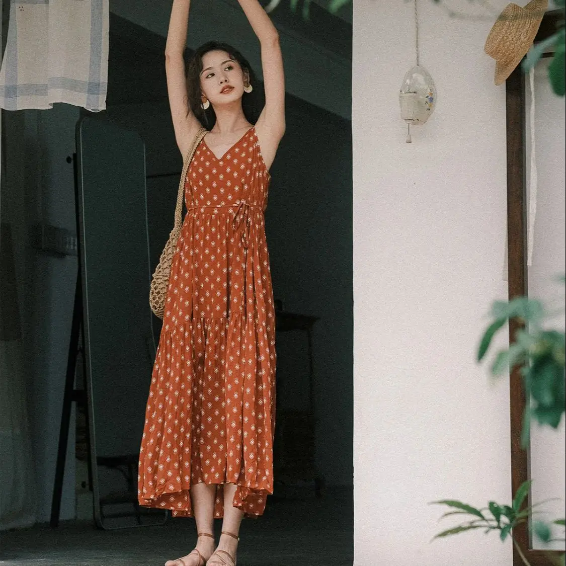 Sling Long Dress High Quality V-Neck Backless Retro Holiday Qinghai Northwest Red Dress Bohemian Dress Woman