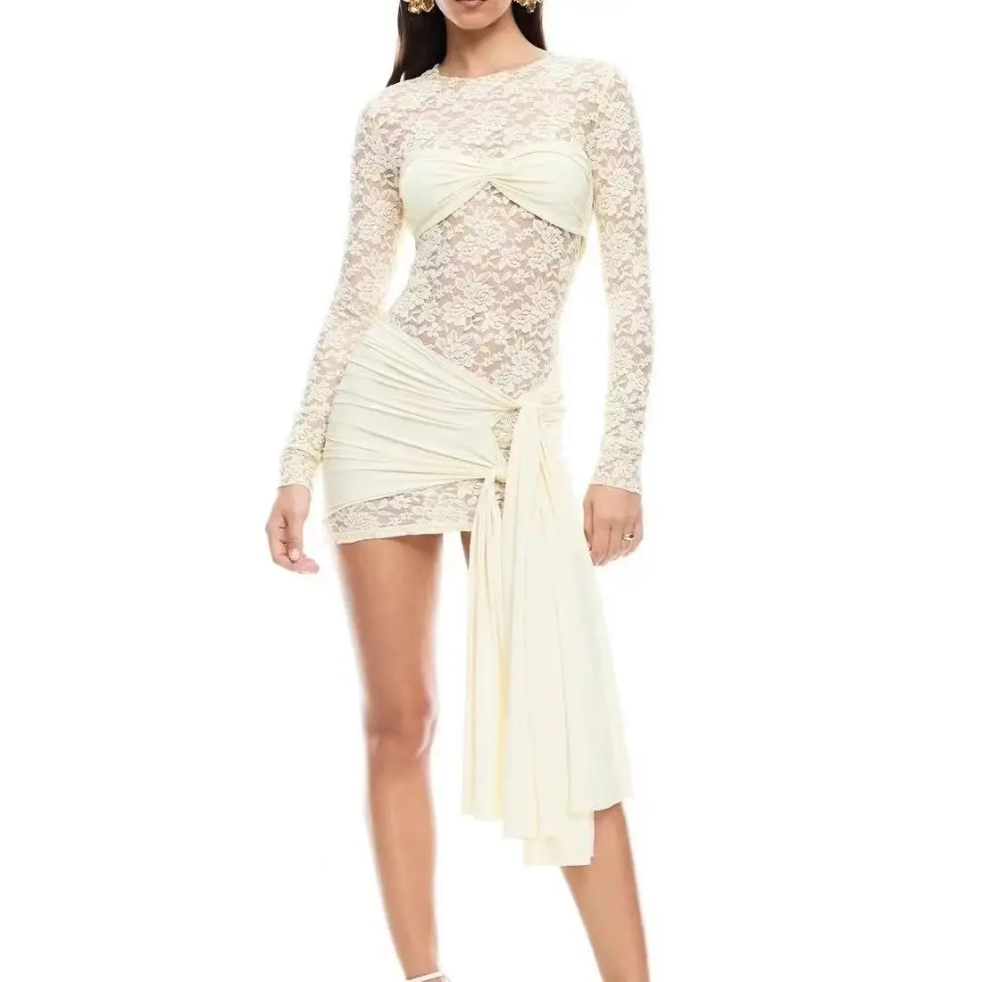 

Lioness Sexy Spice 2025 Round-neck long-sleeved Ribbon lace cutout pleated Trim Mini one-piece mini skirt