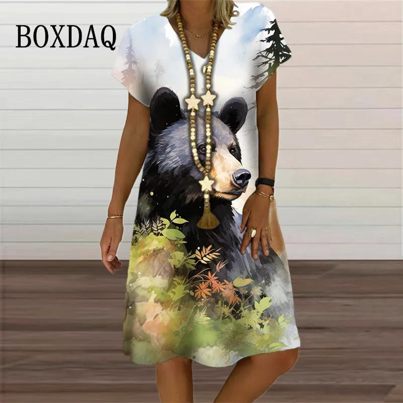 

Summer Women Knee-Length Dress Casual Tie Dye Animal Wolf Print Dress Short Sleeve V-Neck Loose Ladies Oversized Clothes Vestido