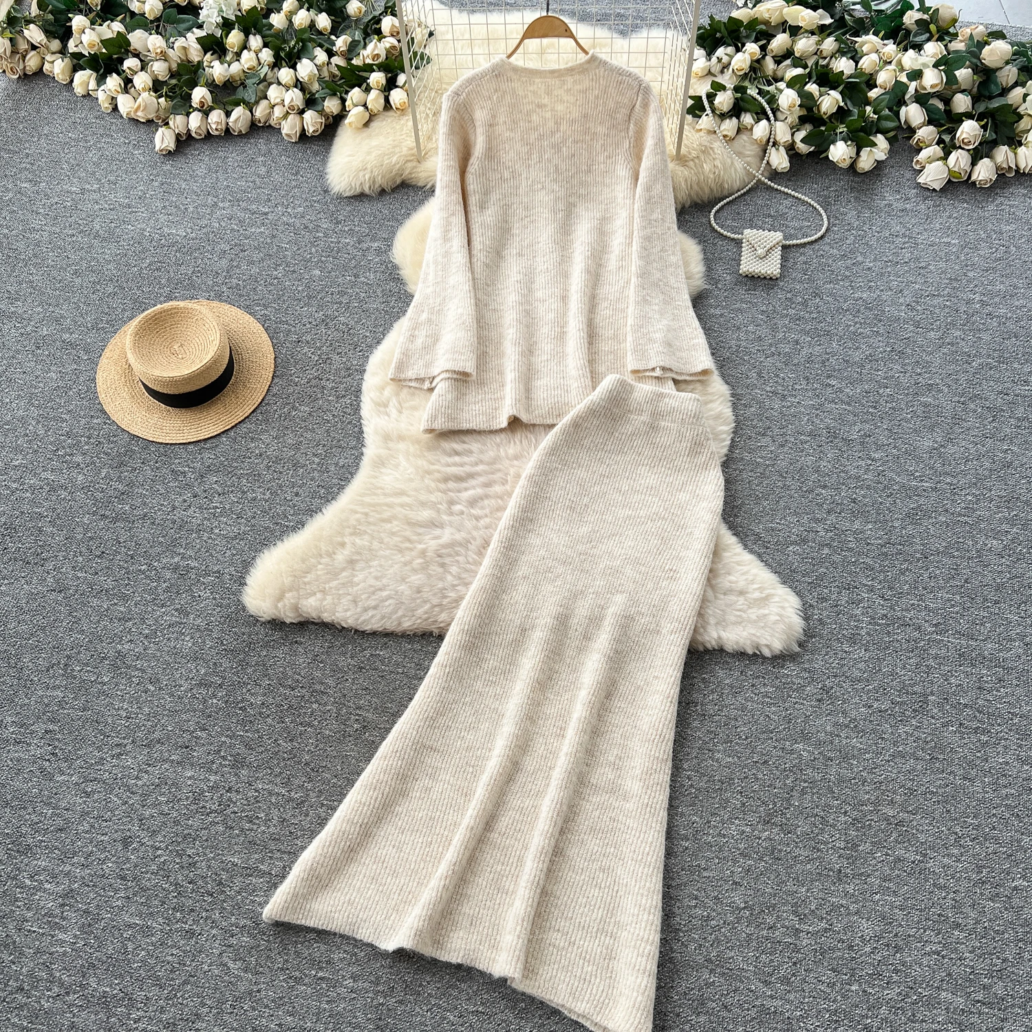 Casual Chic Knitted 2 Piece Set Women's Autumn Winter Loose Round Neck Single-breasted Top+High-waist Elastic Waist Skirt Set