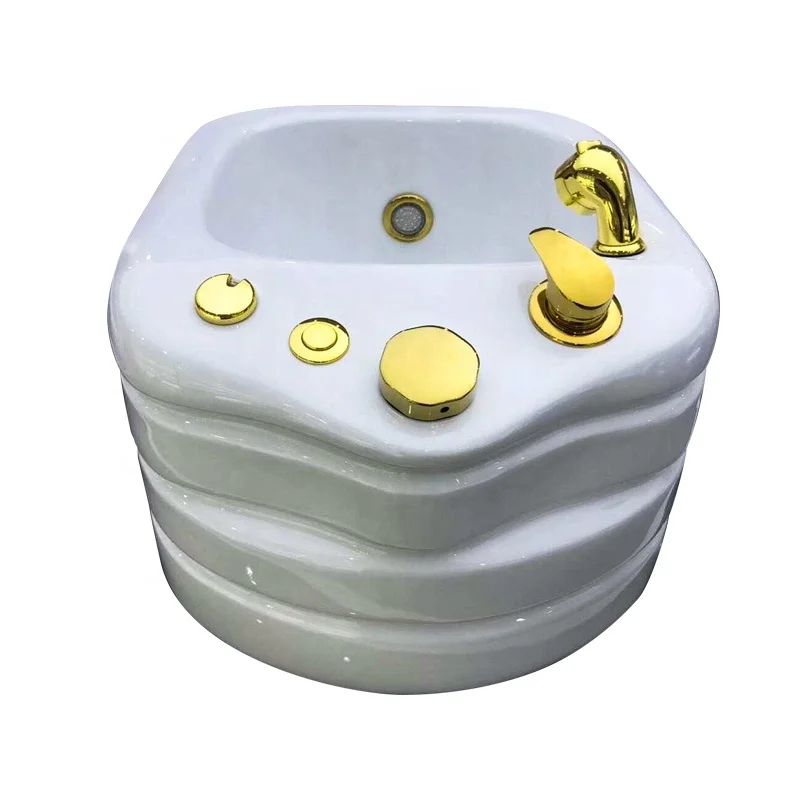 

Golden Pedicure Chair With White Jet Massage Footbath Modern Style Pipeless Surfing Pedicure Sink With Golden Faucet Basin Bowl