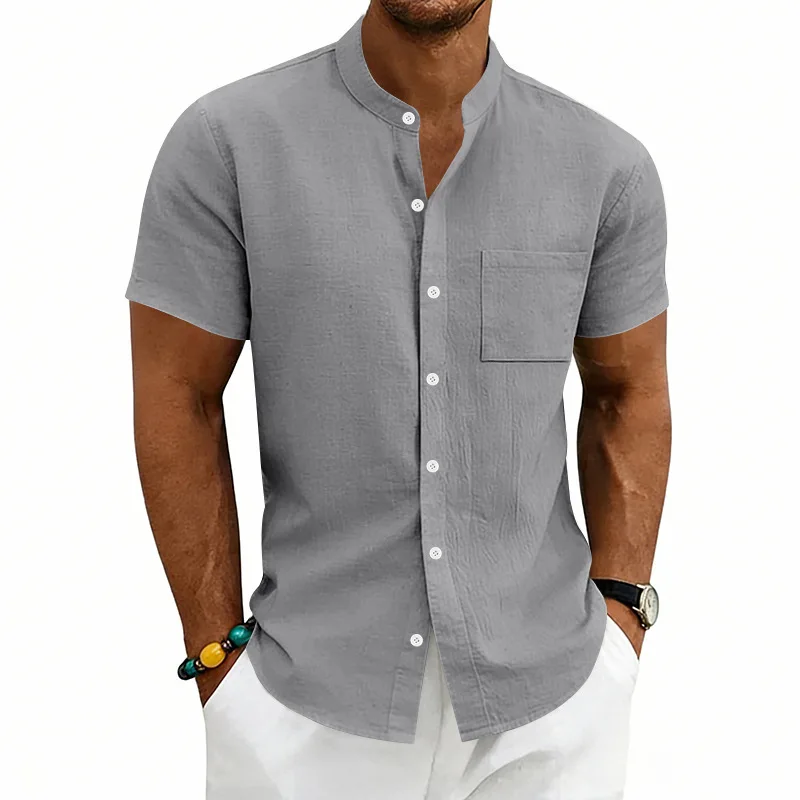 Men's Summer Shirt Henley Neck Short Sleeve Shirt Casual Solid Color Linen Shirt Breathable Lightweight Daily Beach Holiday Tops