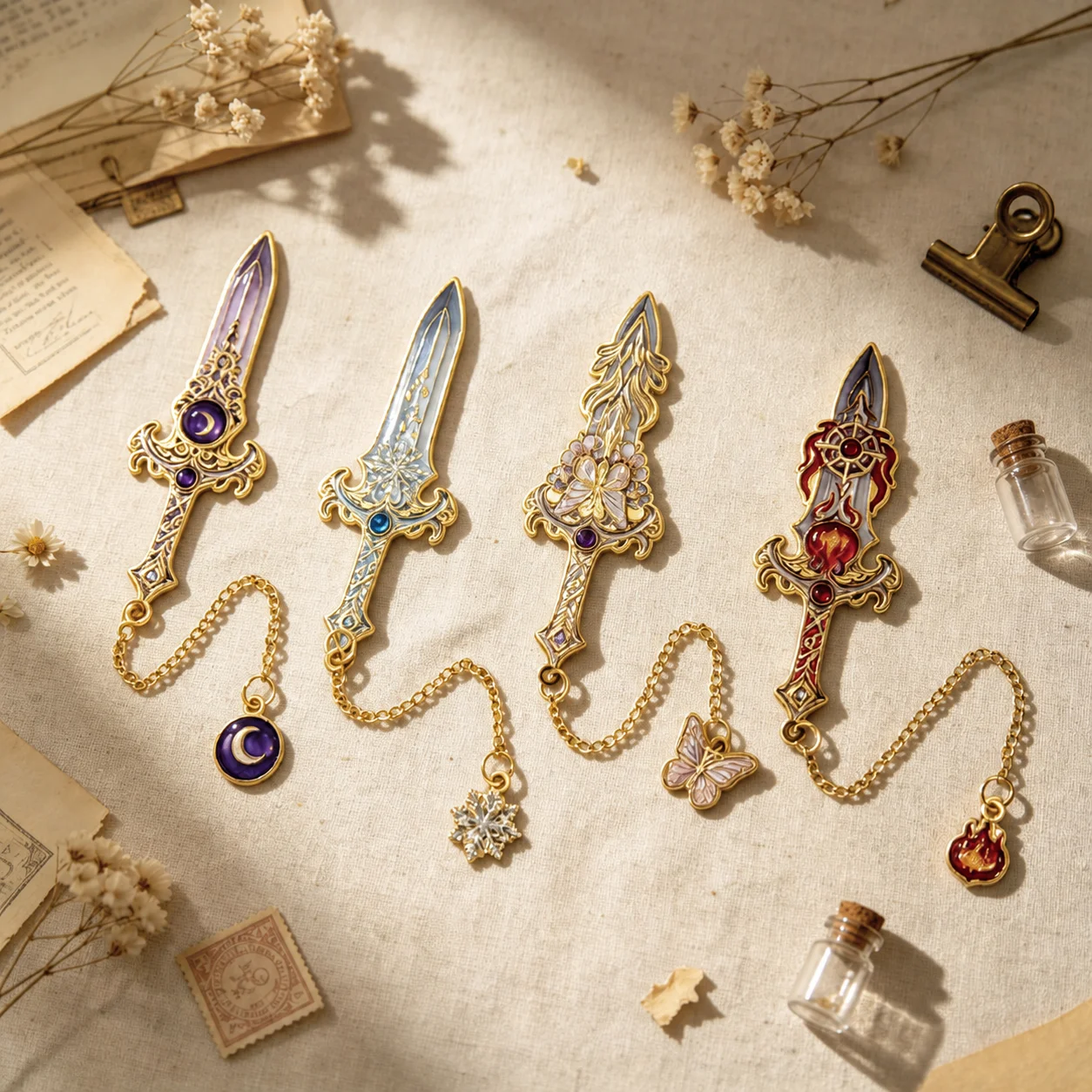Vintage Chinese Style Fantasy Sword Shaped Metal Bookmark Hollow Out Enamel Book Mark With Pendant For Reading Decor And Gift