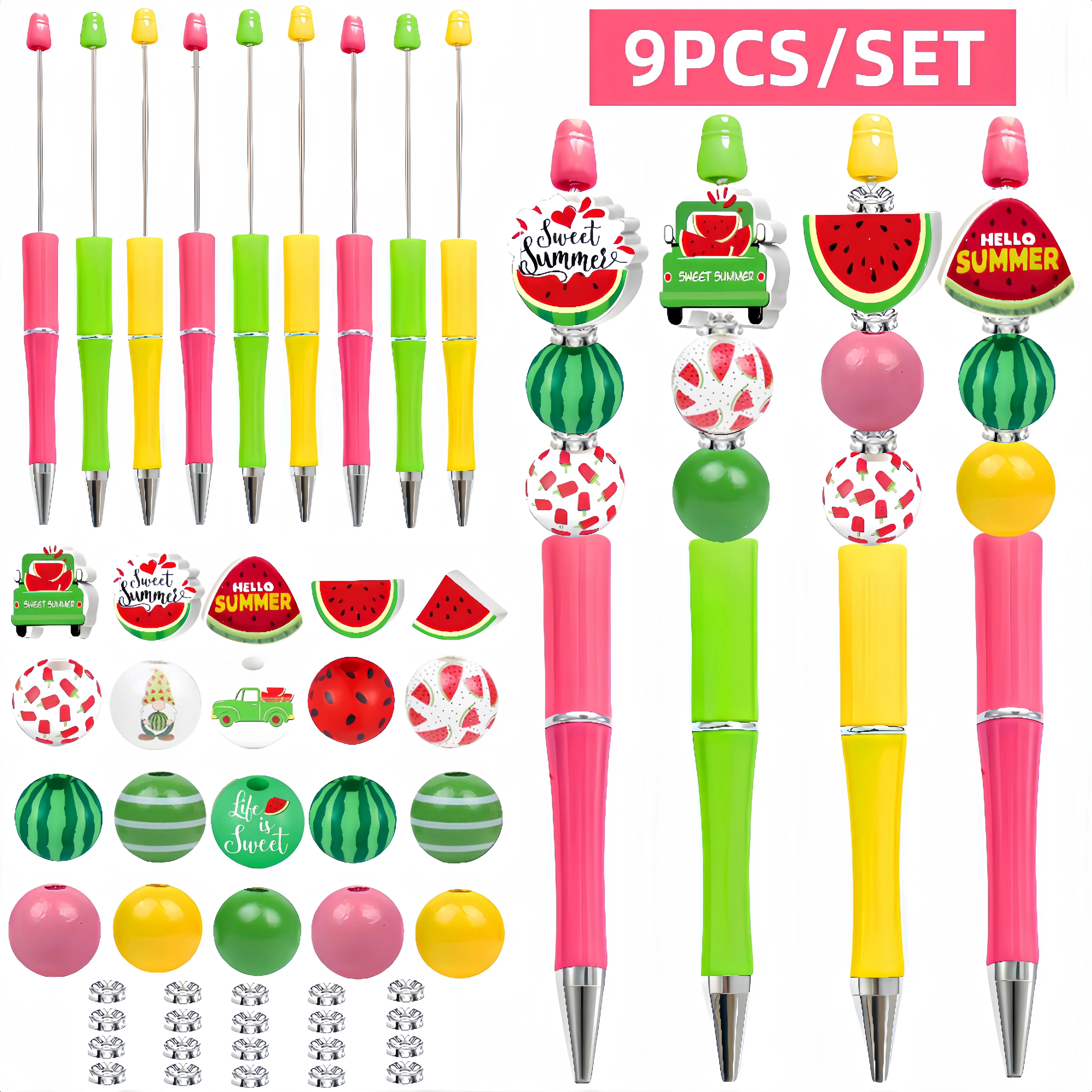 

9PCS/SET Spring Summer Watermelon Fruit Sweet Summer Theme DIY Beaded Ball Pen，paired with watermelon shaped wood beads
