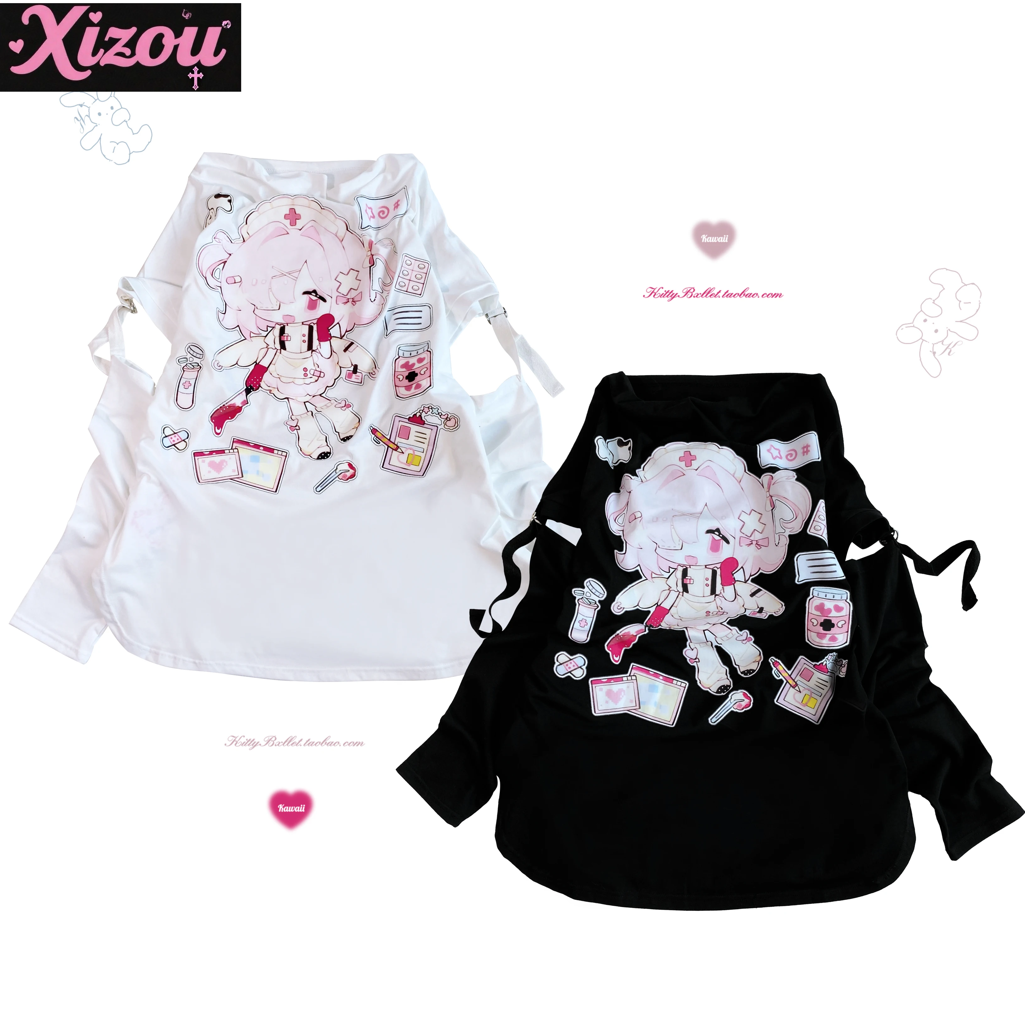 Japanse Subcultuur Y2k Zhai Meng Stapel Kraag Mouw Origineel Patroon Losse T Zacht Meisje Cartoon Leuke Print T-shirts Dames tops