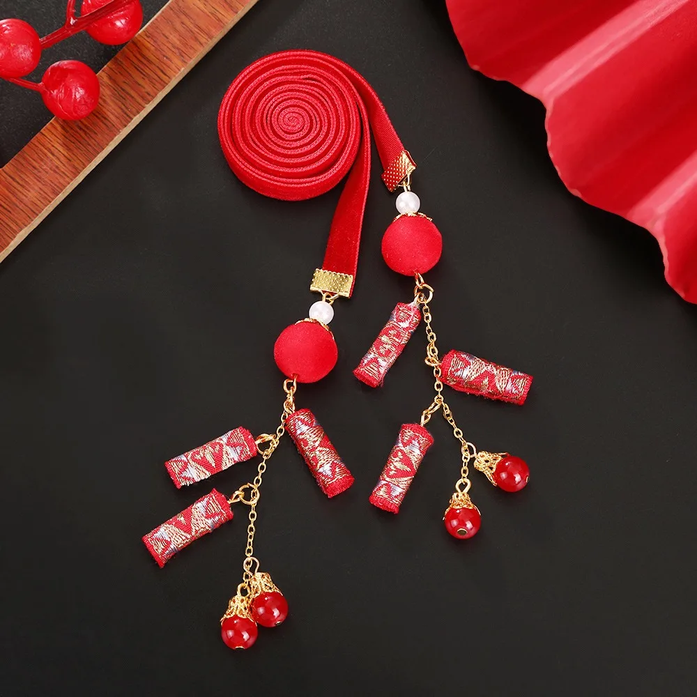 حسن الحظ شرابة الساتان الأحمر طويل عقال جرس فراشة الفتيات الشريط رئيس حبل زهرة الخرز السنة الجديدة الشعر حبل الطرف