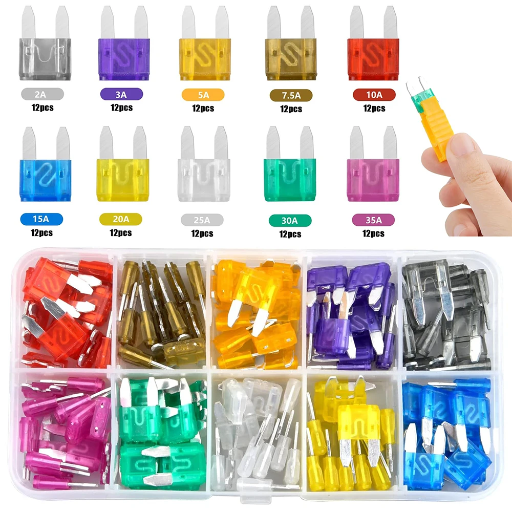 120Pcs Mini Fuses Kit, 2A 3A 5A 7.5A 10A 15A 20A 25A 30A 35A Mini Blade Fuse with Fuse Puller Clear Storage Box for Motorcycle