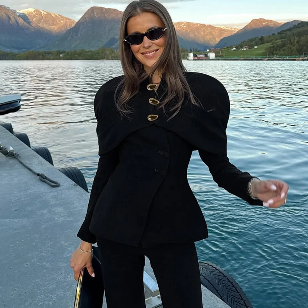 Talenza Women's Black Blazer Fashion Vintage New Metal Button Patchwork Suits Elegant Slim High Collar Commuter Female Blazer