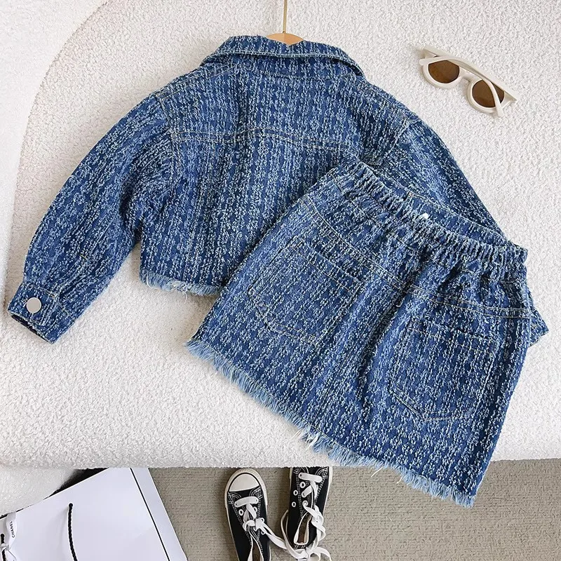 Girls Denim Clothes Sets Spring Autumn 2024 Children Denim Jackets Skirts 2pcs Dress Suit For Baby Outfits Kids Fashion Costume