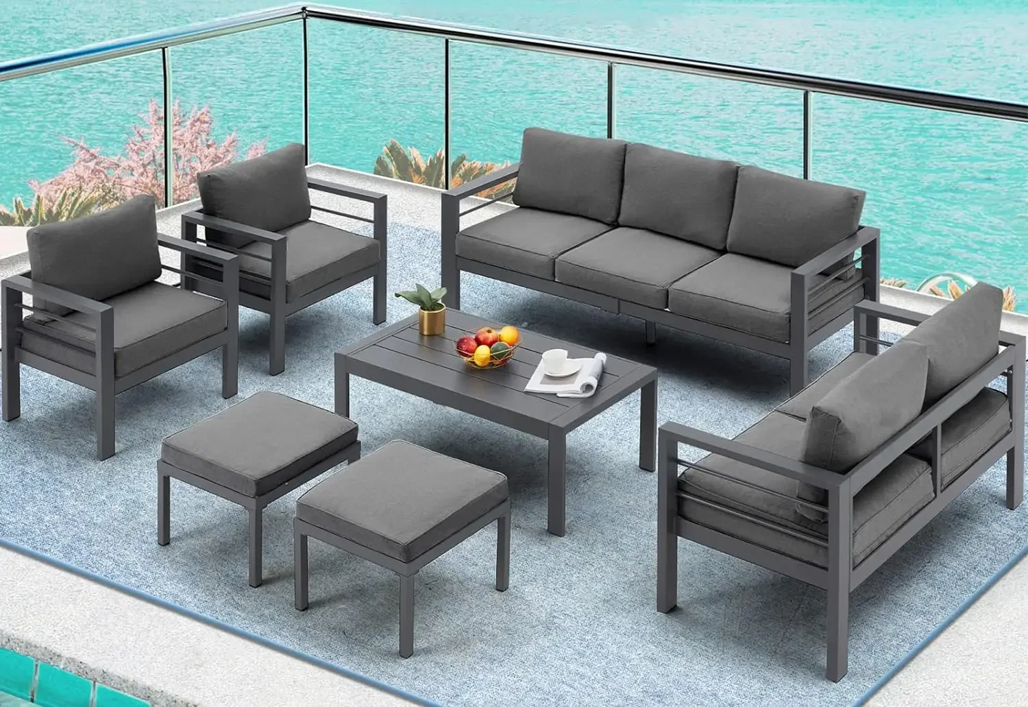 Aluminum Modern Patio Furniture with Coffee Table, 7 Pieces Outdoor Conversation Set with Dark Grey Cushions for Balcony, Porch