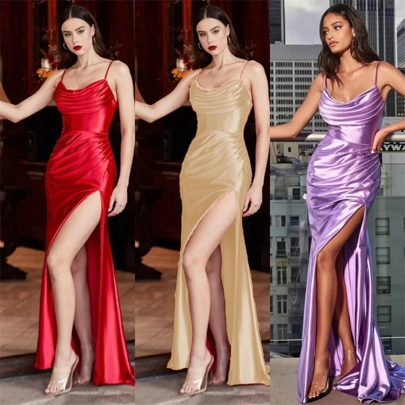 

PuTao Elegant Satin Evening Dress Sexy Side Split Bridesmaid Party Prom Gown Spaghetti Strap Sleeveless Carpet Robe De Mariée