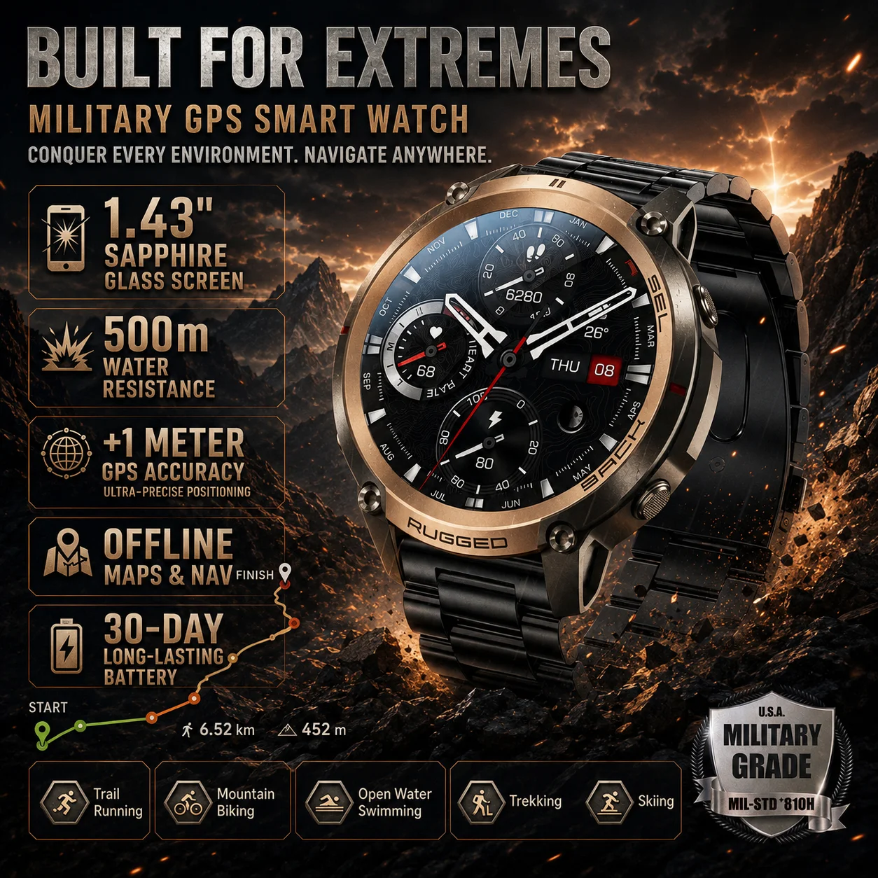2026New Outdoor Tactical Smart Watch Men 5ATM Waterproof Military Grade GPS Offline Maps Altimeter Compass Health Sports Watches