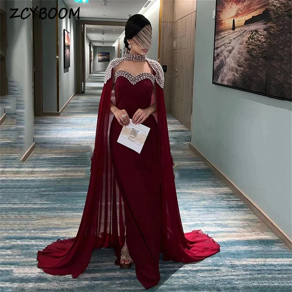 Charming Burgundy Sweetheart Beaded Cloak Evening Dress 2024 Straight Sleeveless Floor Length Sweep Train Custom Made Prom Gown