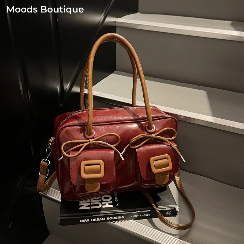 

Preppy Style Shoulder Bags For Women Contrast Color Multi-pocket Large Capacity Crossbody Motorcycle Bag Commute Handbags Female