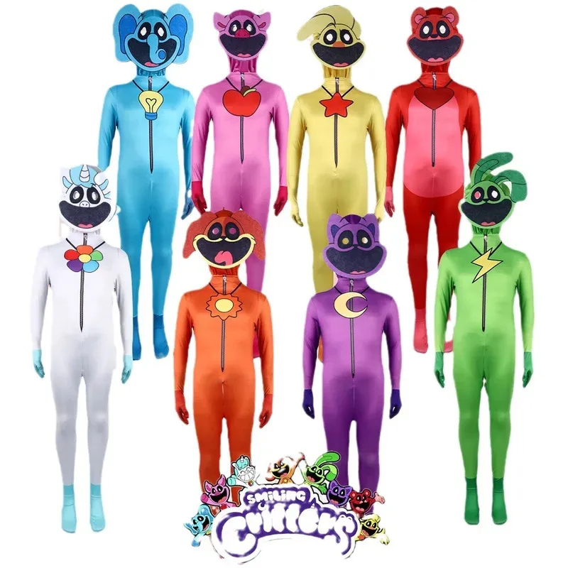 

New Smiling Critters Cosplay Costume Aminal purple cat Catnap Elephant Bear Bodysuit Jumpsuit Mask Boys Girls Halloween Costume