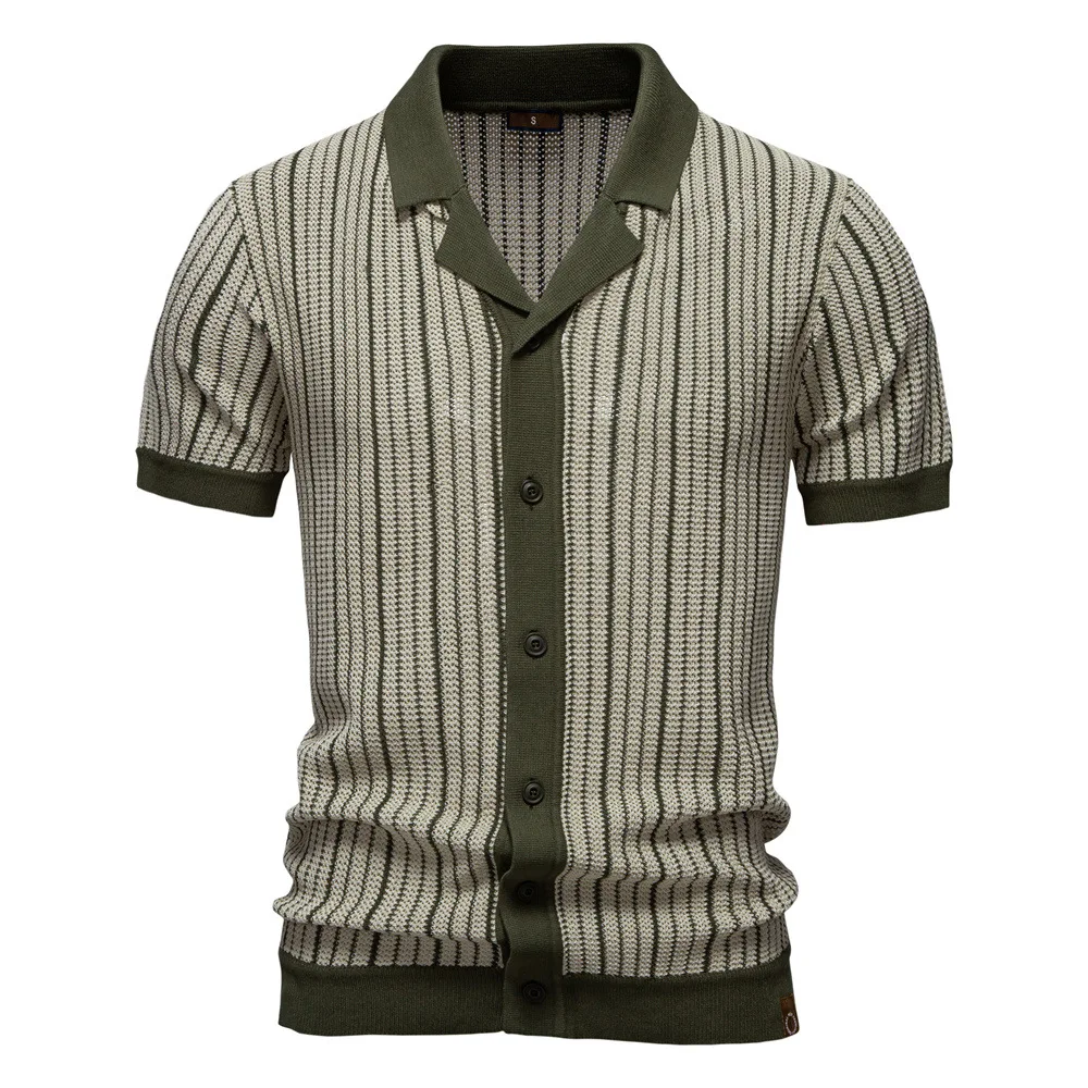Summer 2026 Men's Business Shirt Fashionable Striped Short Sleeve Lapel Woolen Top for Casual And Formal Wear