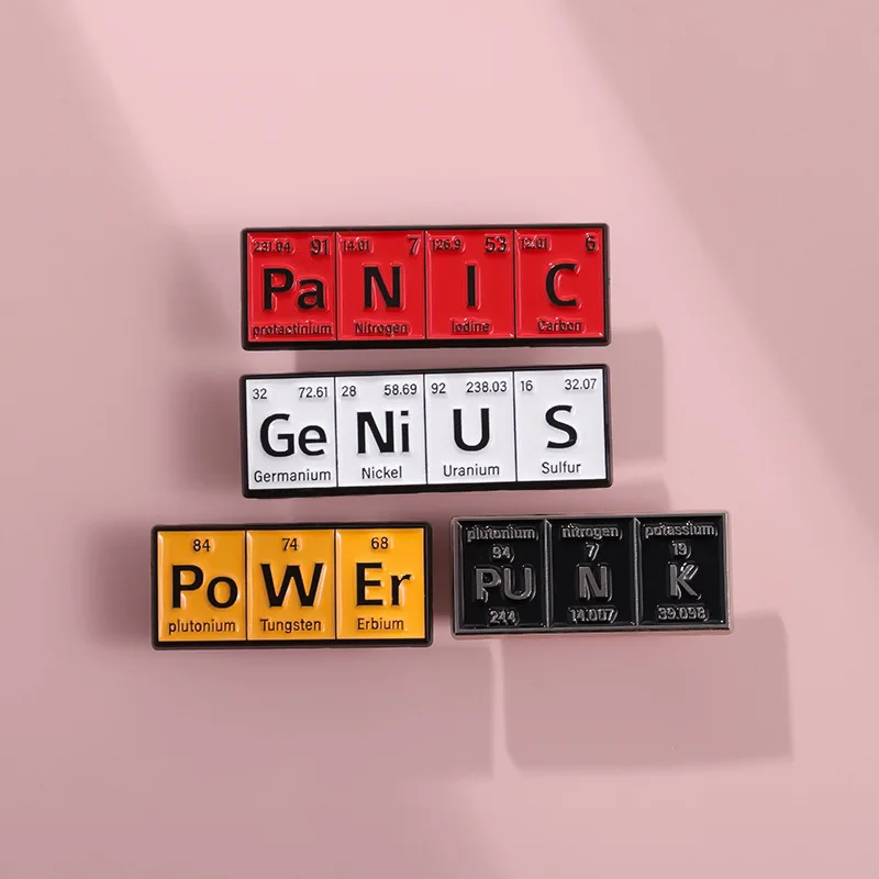 Custom Chemical Element Enamel Pins PO W ER GE NI U S Punk Brooches Lapel Badges Bag Subject Jewelry Gift for Friends Wholesale