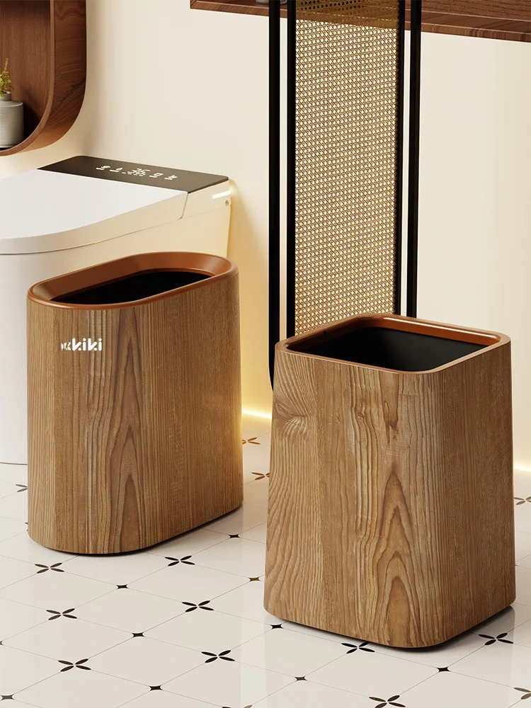 

Retro Wood Grain Trash Can for Living Room Bedroom Bathroom Office Square Shape 12L Capacity Household Garbage Bin