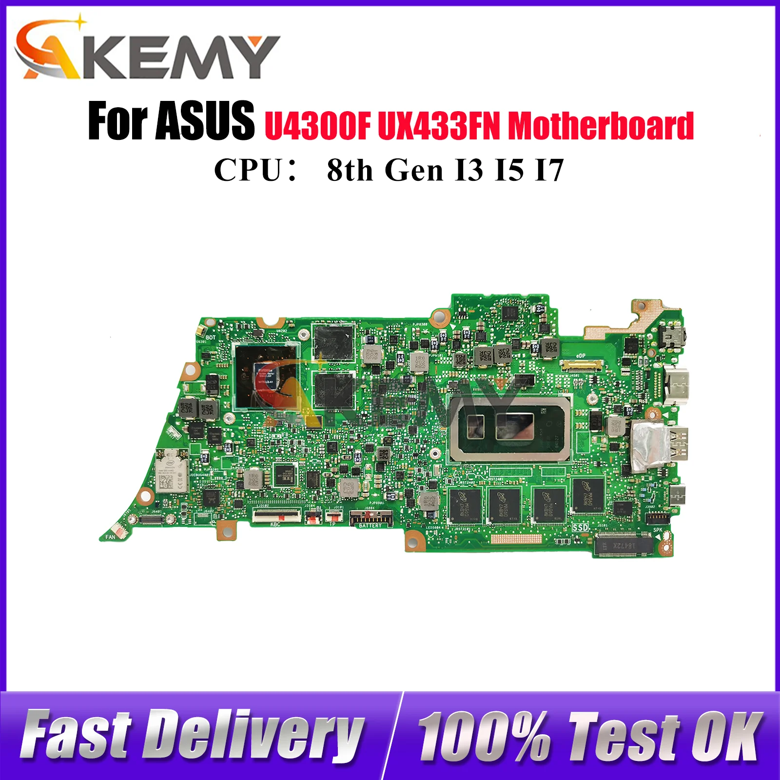 

UX433FN Laptop Motherboard For ASUS ZenBook U4300F UX433F UX433FN Notebook Mainboard With I3 I5 I7 CPU 100% tests OK fast ship
