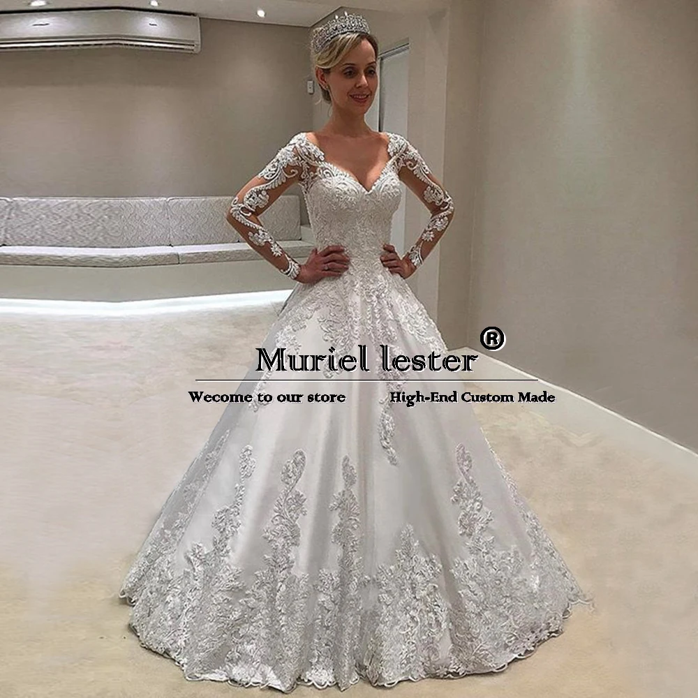 Modern Ivory A Line Wedding Dresses Plus Size Crystals Beading Appliques Bridal Gowns Long Sleeves V Neck Formal Party Clothing