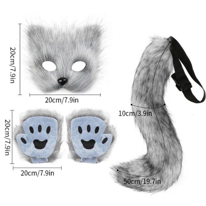 Ladies Furry Cat Face Mask with Gloves and Removable Tail for Halloween Stage Play and Themed Event Costume Accessory