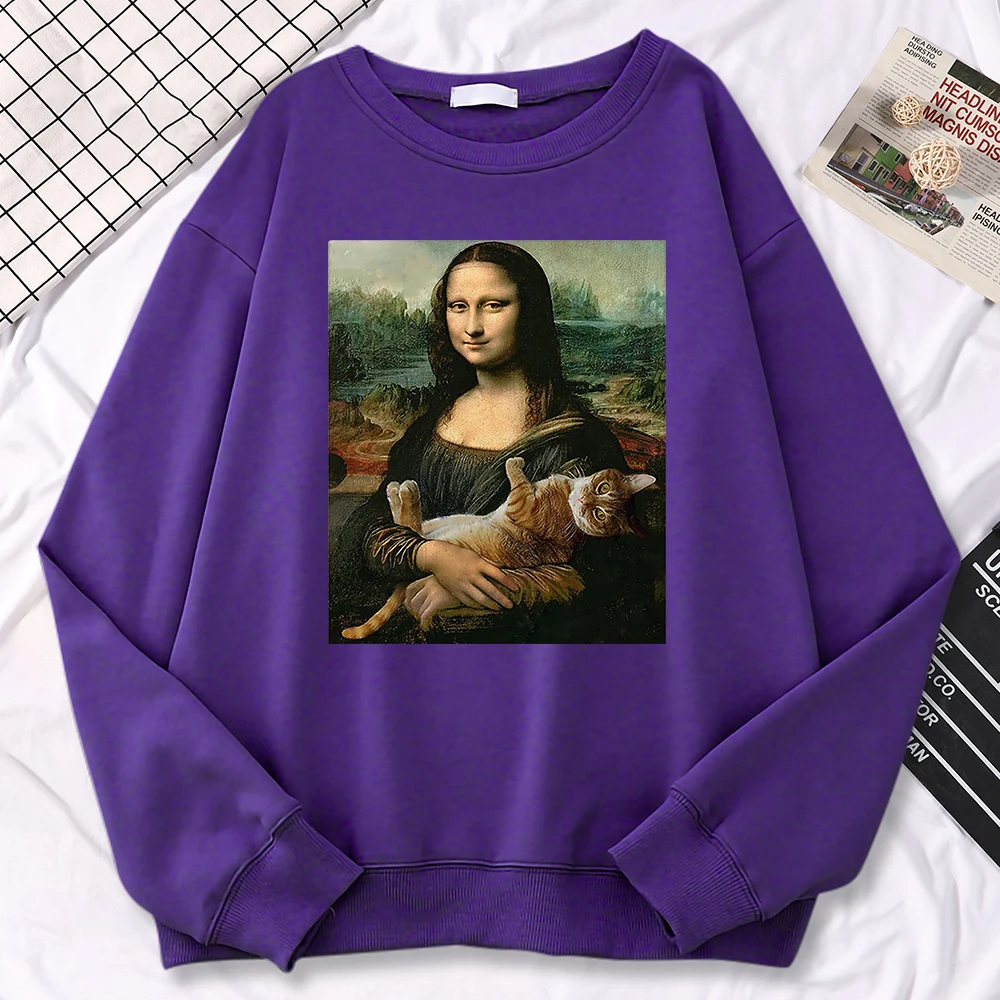 Trend Simple Woman Sweatshirt Famous Painting Mona Lisa Hold Cat Creativity Print Hoodies Fleece Soft Pullovers Loose Warm Tops