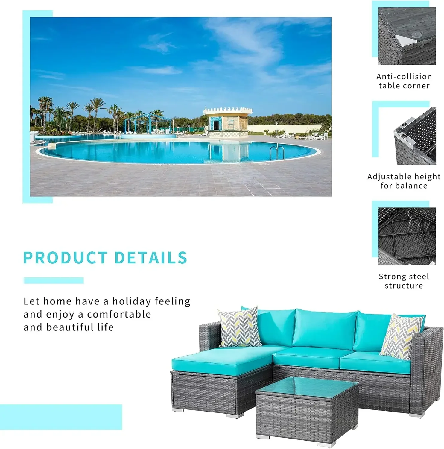 Outdoor Furniture Patio Sets,Low Back AllWeather Small Rattan Sectional Sofa w/ Tea Table&Washable Couch Cushions&Upgrade Wicker