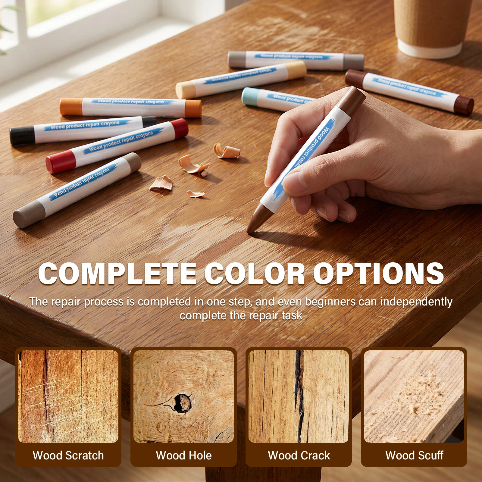 24 Color Wood Repair Crayon Kit with 2 Scraper and Masking Tape Furniture Wax Fill Stick for Scratch Nail Hole on Floor Cabinet