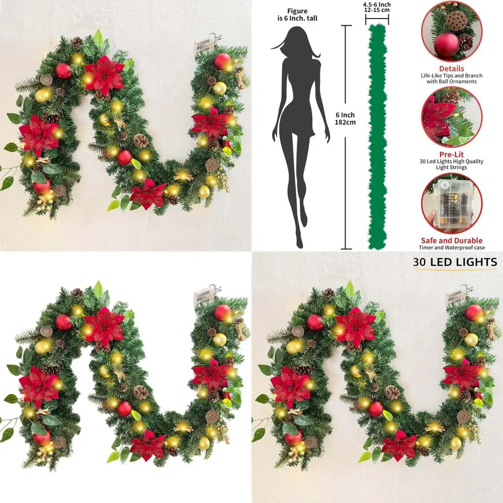 

Рождественская гирлянда со светодиодной подсветкой 6 футов на батарейках, водонепроницаемый декор из красного золота с шариковыми украшениями и сухим лотосом для каминной и входной двери