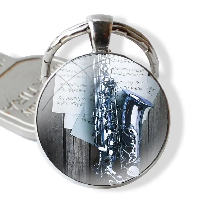 Keychain Glass Cabochon Metal Pendant Classic Men's Women's Keyring Musical instrument saxophone