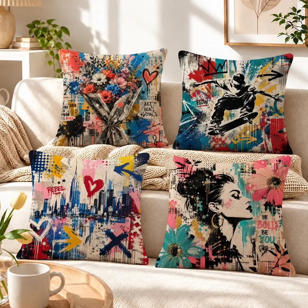 Artist Banksy Graffiti Art Cushion Cover Soft Short‑Plush Pillowcase, Decor for Sofa & Bedroom, Perfect Holiday Gif