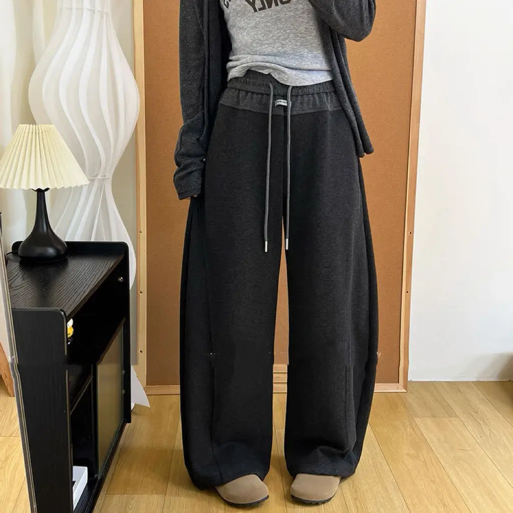 Heavyweight Wool Blend Women's Wide Leg Pants Color Block Drawstring Sweatpants Stylish Streetwear High Waist Female Trousers