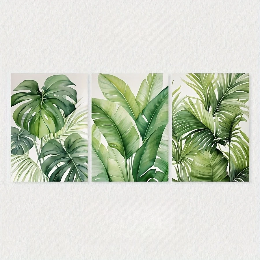 3PCS Watercolor Tropical Leaf Canvas Wall Art, Monstera Banana Palm Leaf Print, Minimalist Green Botanical Home Decor