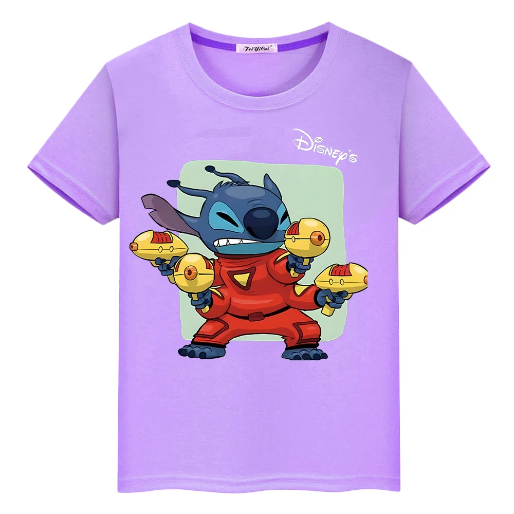 Stitch disney impressão 100% algodão t camisa para crianças menino 10 anos bonito curto casual topos anime t y2k uma peça crianças roupas meninas