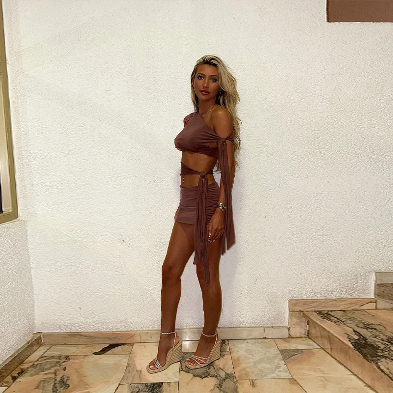 2026 New Sexy Exquisite Hollow Outfits Vacation Beach Light Lace Up Clothes Women\'s Trendy Unique Design Cropped Mini Dresses