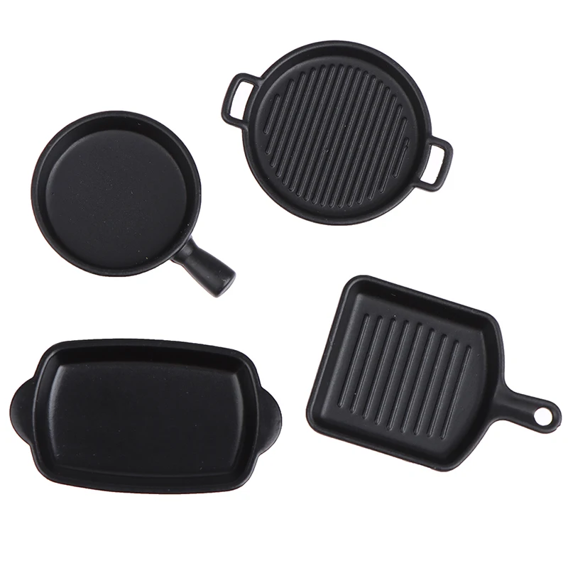 Juego de platos de Metal negro en miniatura para casa de muñecas, juego de cocina de juguete para niños, juego de simulación, 4 unids/set, 1/12