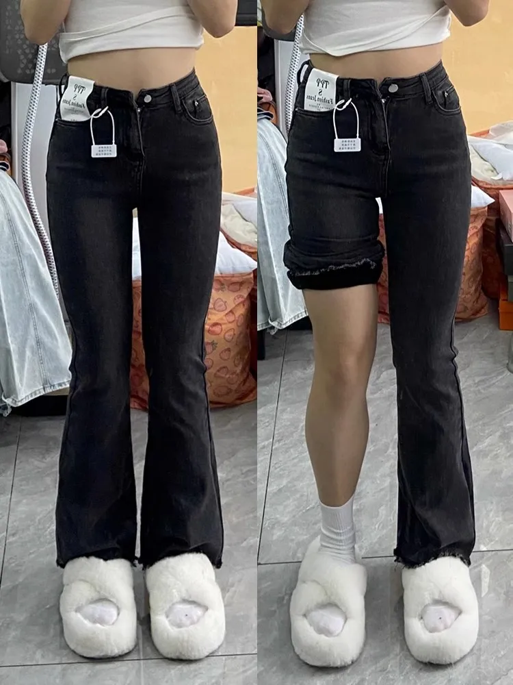 

plus Size Women's High Waist Bell Bottom Jeans Spring Autumn 2023 Slimming Long Pants Deep Color Frayed Hem Wide Leg Jeans