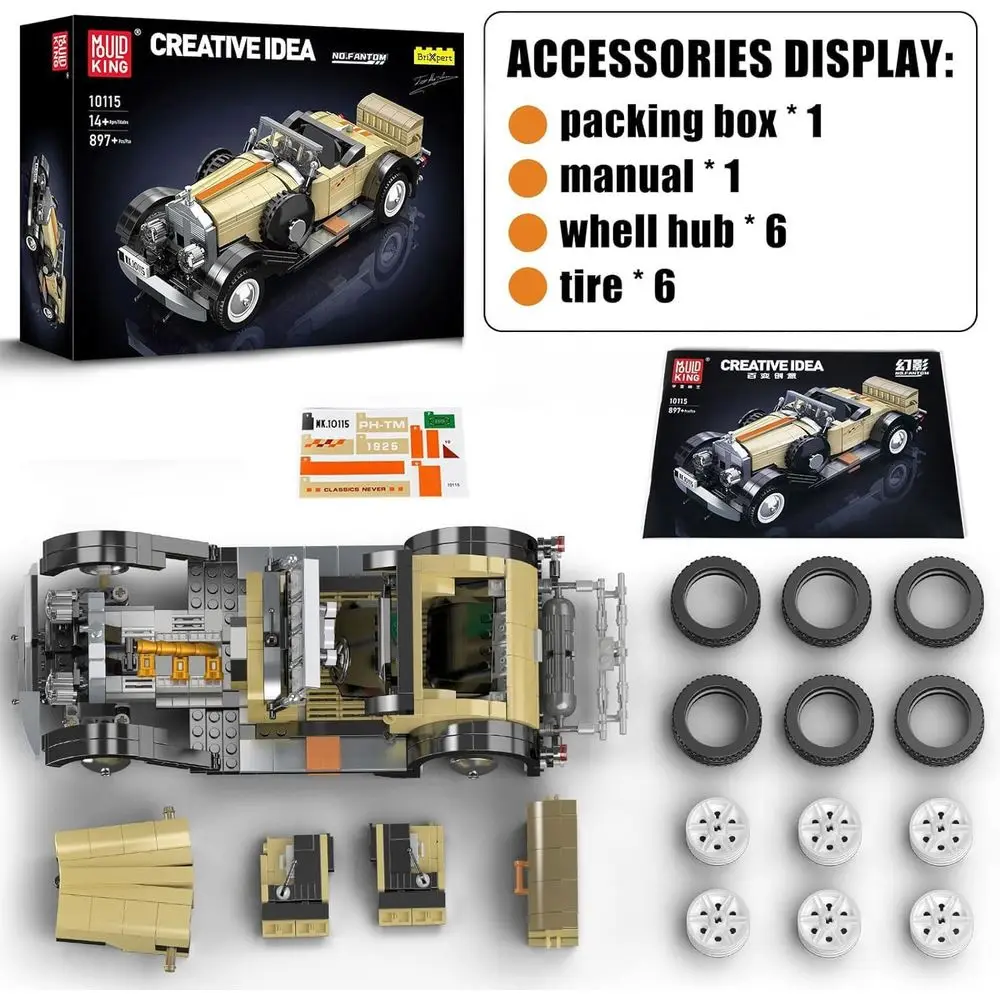 Kit de construção de carros clássicos para adultos: conjunto de modelo MOC vintage com mais de 897 peças, versão estática, adequado para maiores de 14 anos