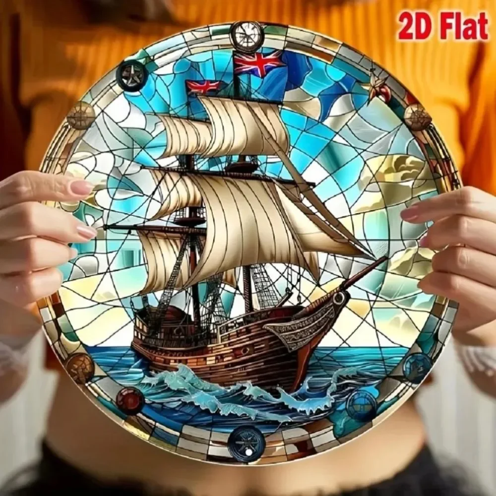 Pirate Ship Theme Tropical Nautical Art with Stained Glass Effect Perfect for Home Decor Father’s/Mother’s Day Gift Vintage 1PC