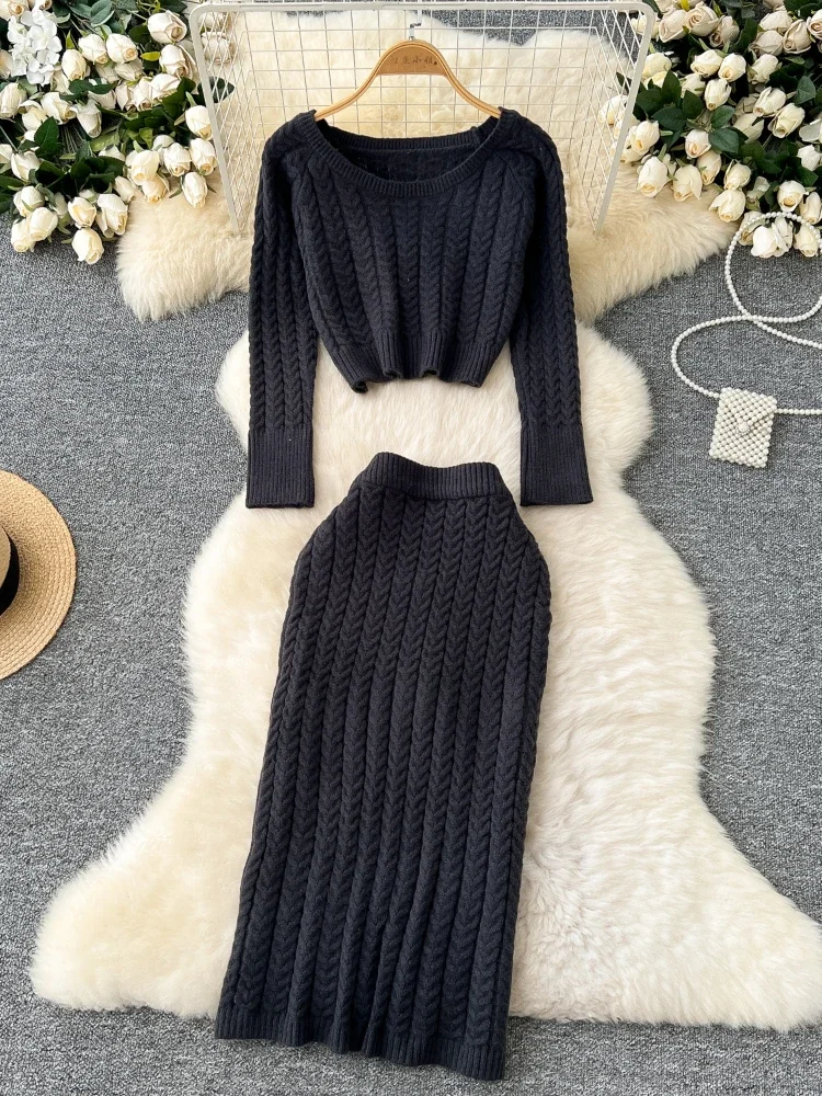 Autumn Winter Warm Knitting 2pcs Set Women Long Sleeve O Neck Short Top+Elastic Waist Skirt Autumn Senior Sexy Sweater Suits New