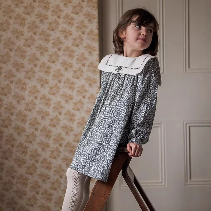 2026 Spring and Autumn New Girls Floral Dress European and American Vintage Girls Peter Pan Collar Versatile Long Sleeve Skirt