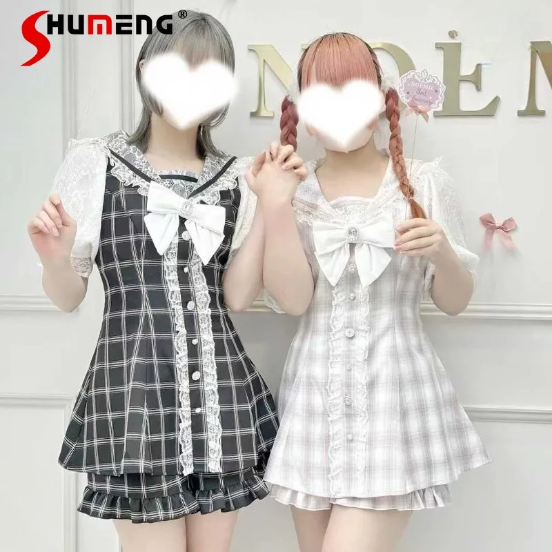 

Japanese Rojita Style Mine Series Sailor Collar Blouse Big Bow Black And White Lattice Pattern Top Shorts Suit Women's Clothing