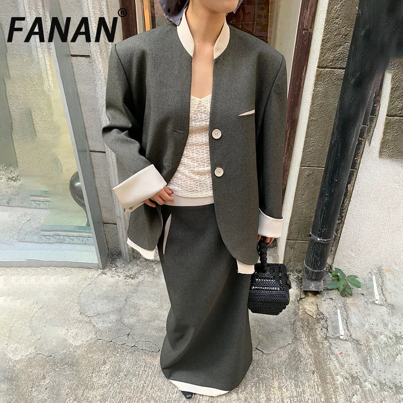 

FANAN Spliced Contrast Color 2 Piece Set Women's Round Neck Fit Blazer High Waist A-line Mid-length Skirt 2025 Spring New