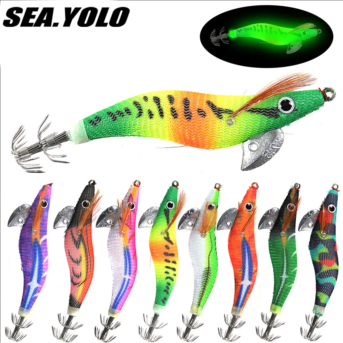 Sea.Yolo Artificial Squid Jig Luminous Wooden Shrimp 3.0# 3.5# Squid Fishing Lure Noctilucent Squid Cuttlefish Lure For Octopus