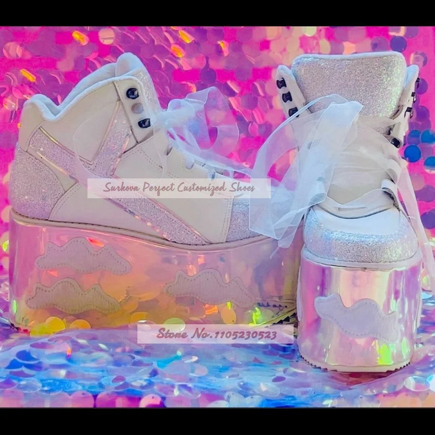 White Glitter Platform High Top Sneakers Holographic Iridescent Chunky Wedge Heel Ankle Boots Kawaii Angel Wing Festival Shoes